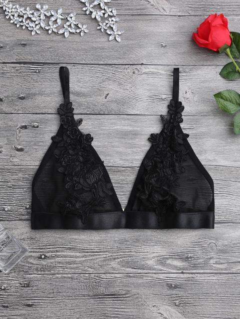 Applique Sheer Mesh Plunge Bralette Top