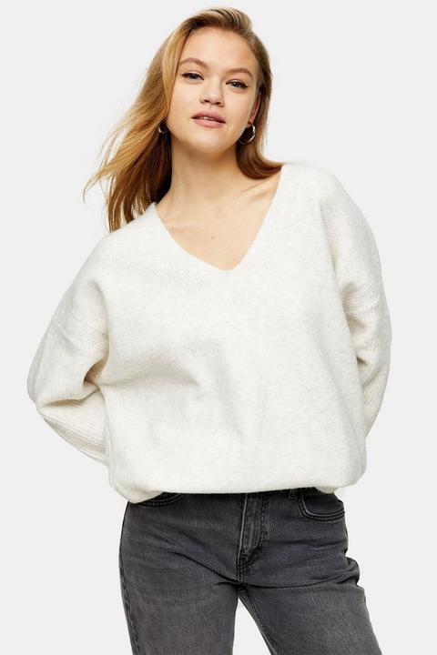 Ivory Ribbed V Neck Longline Knitted Jumper