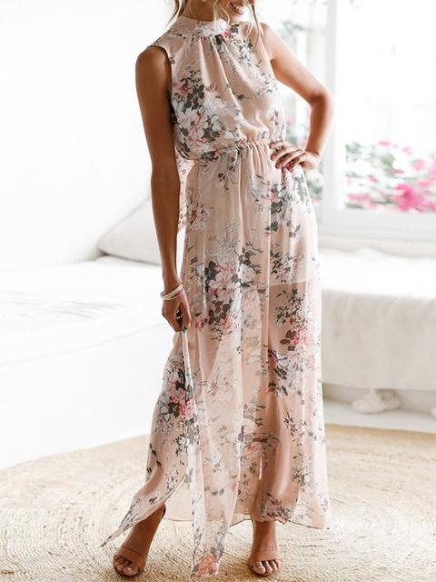 Knotted Open Back High Slit Maxi Floral Dress