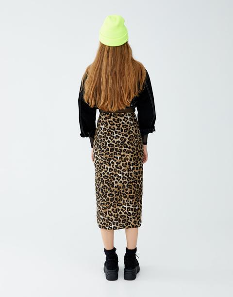 Falda Midi Animal Print Fruncido