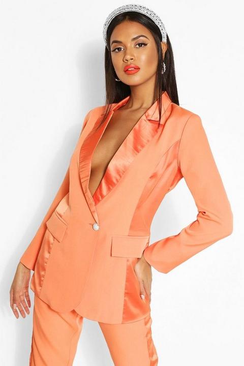 Blazer Coupe Ajustée À Empiècements Satin - Orange - 36, Orange