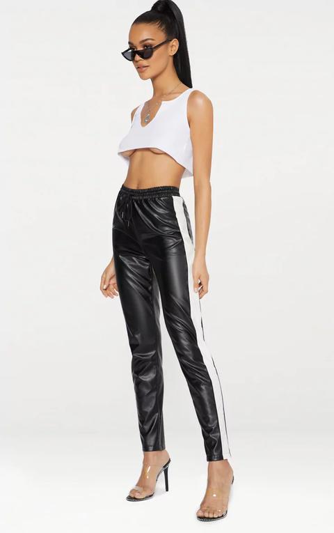 Black Faux Leather Track Stripe Joggers, Black