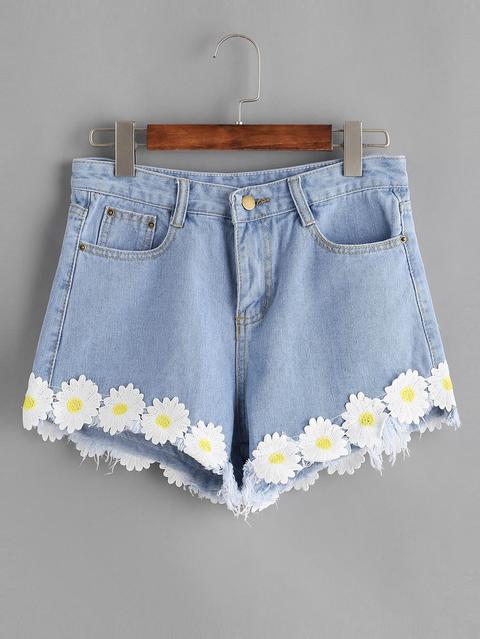 Light Blue Appliques Raw Hem Denim Shorts