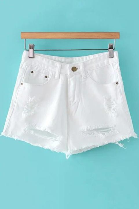 White Ripped High Waist Denim Shorts