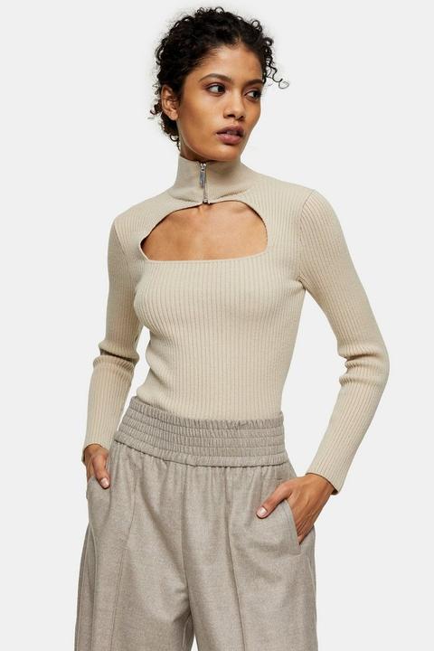 Stone Cut Out Zip Knitted Top