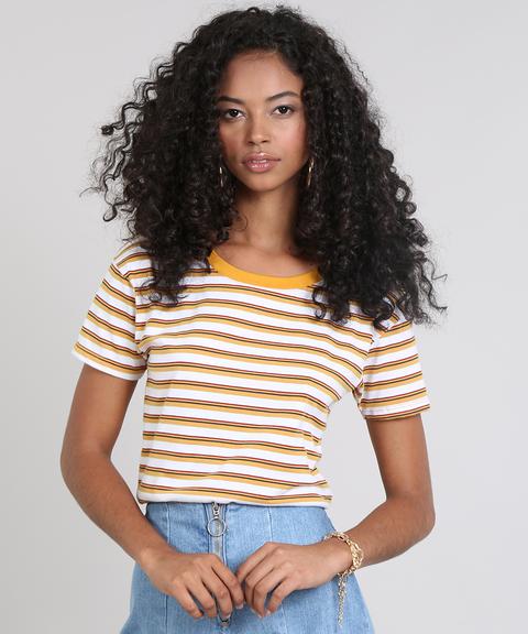 Blusa Feminina Cropped Listrada Manga Curta Mostarda