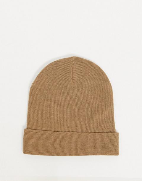 Asos Design Recycled Polyester Deep Turn Up Beanie Hat In Camel-brown