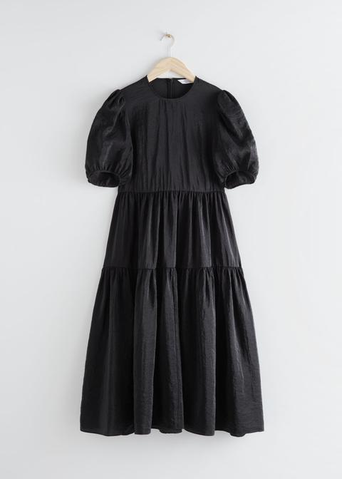 Voluminous Puff Sleeve Midi Dress - Black