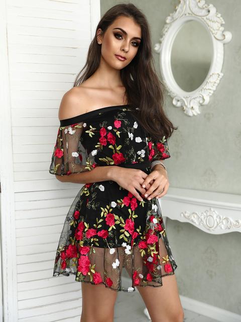 Floral Embroidery Mesh Off Shoulder Mini Dress