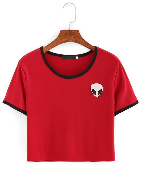 Red Crew Neck Alien Print Crop T-shirt