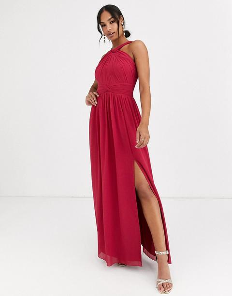 Vestido Largo Con Cuello Halter Y Abertura De Little Mistress-rojo