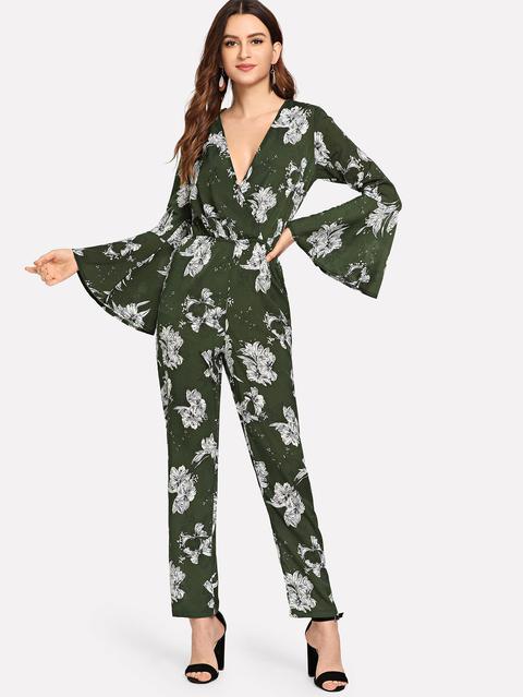 Flounce Sleeve Flower Print Wrap Jumpsuit