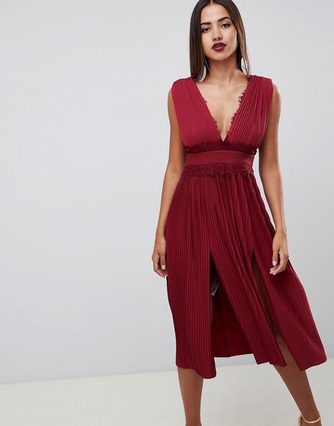 Vestido Midi Plisado Con Aplicación De Encaje Premium De Asos Design-rojo