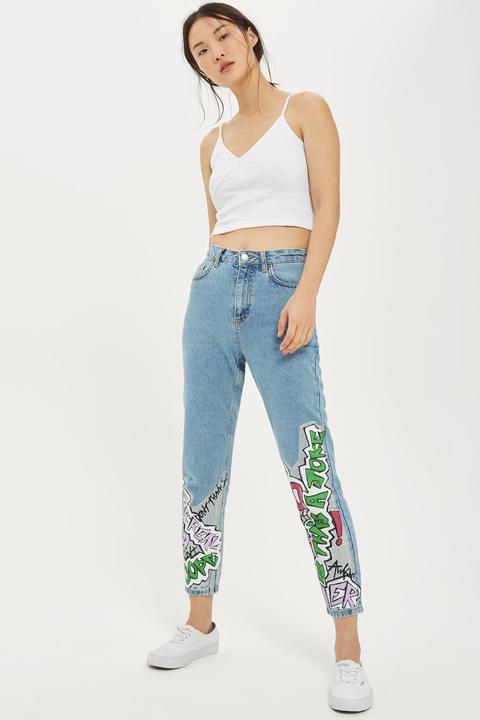 Moto Graffiti Hem Mom Jeans