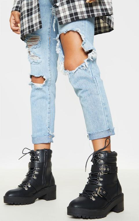 Black Hiker Double Buckle Cleated Ankle Boot