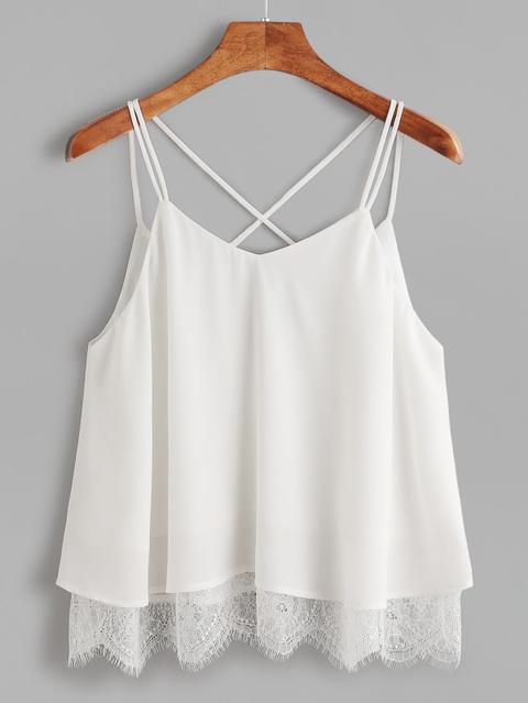 Cami Top Forma V Indietro Pizzo Rifilato - Bianco