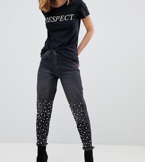 Chorus Petite - Mom Jeans Con Decorazione Di Perle E Spacco Sul Fondo - Nero