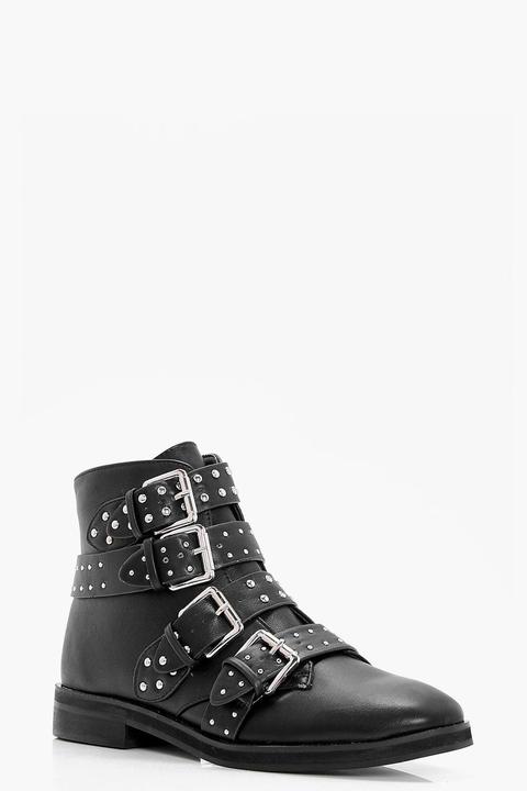 Womens Studded Strap Ankle Boots - Black - 8