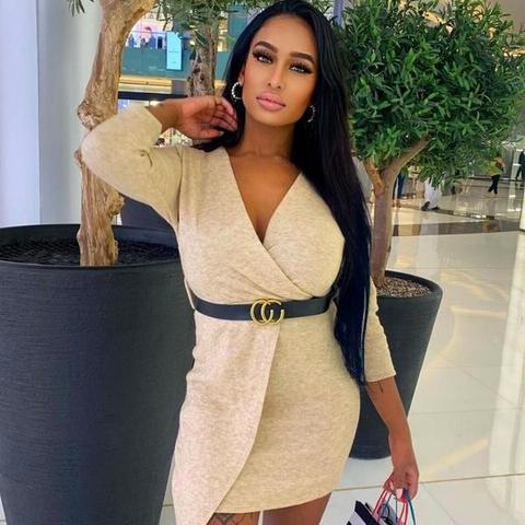 Beige Belted Asymmetric Knitted Mini Dress