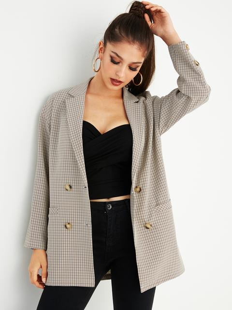 Blazer De Manga Larga Con Cuello De Muesca De Rejilla Caqui