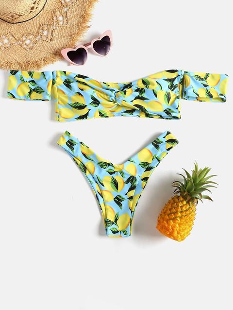 Bikini Twist Stampa Limone A Taglio Alto Con Spalle Scoperte
