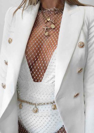 Military Style Tailored Button Blazer Jacket White