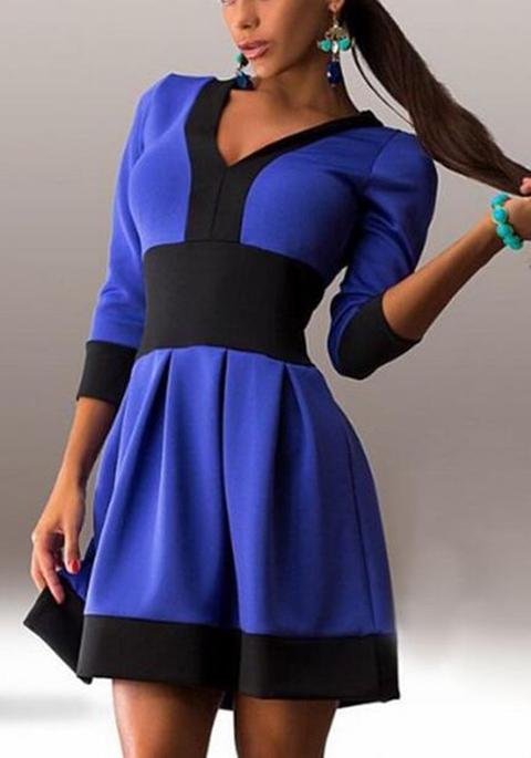Vestitino Pieghe Della Moda V-collo Blu Scuro