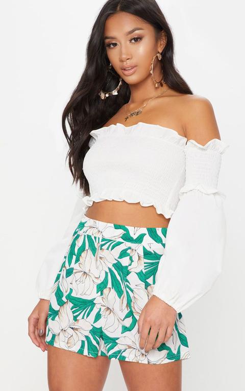 Petite White Shirred Puff Sleeve Bardot Crop Top