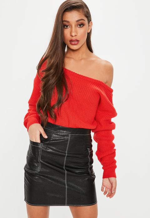 Red Off Shoulder Knitted Jumper