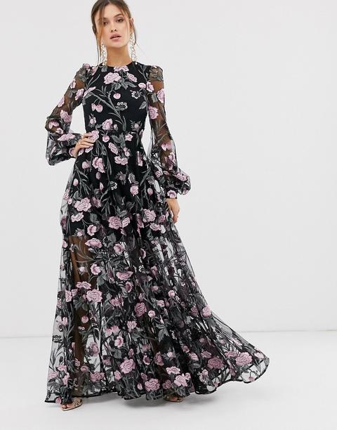 Asos Edition - Robe Longue À Fleurs Brodées Et Dos Découvert - Rose