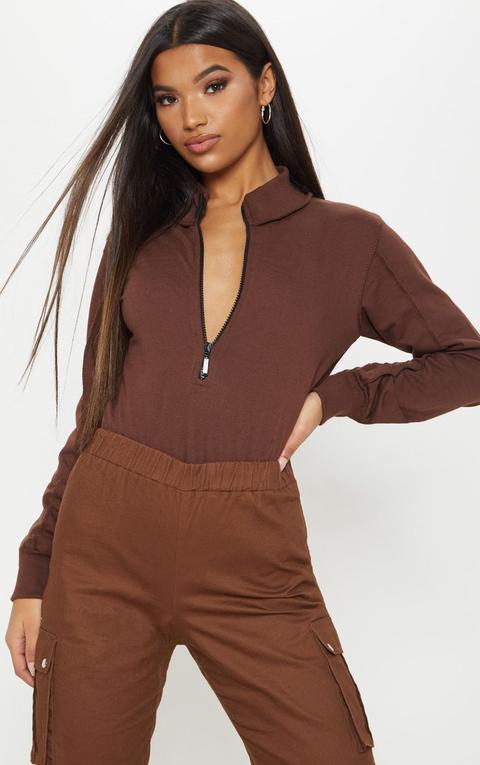 Chocolate High Neck Zip Sweat Bodysuit