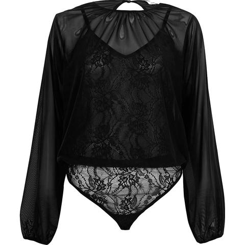 Black Mesh Long Sleeve Lace Underlay Bodysuit