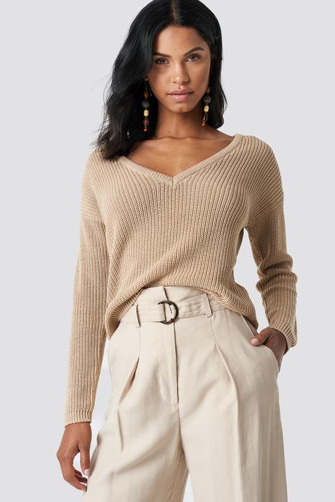 Na-kd Deep Front V-neck Knitted Sweater - Beige