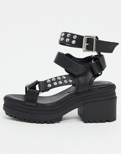 Asos Design Hawkin Studded Chunky Mid-heeled Sandals In Black