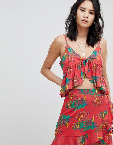 Top Tipo Camisola Con Lazada Frontal Y Estampado Tropical De Conjunto De Honey Punch