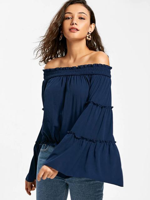 Camicetta A Balze A Spalle Scoperte Con Maniche Svasate Purplish Blue