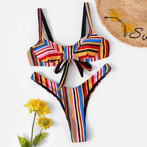 Set Bikini A Righe Con Taglio Alto