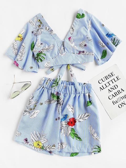 Plunging V-neckline Striped Florals Knot Crop Top With Shorts