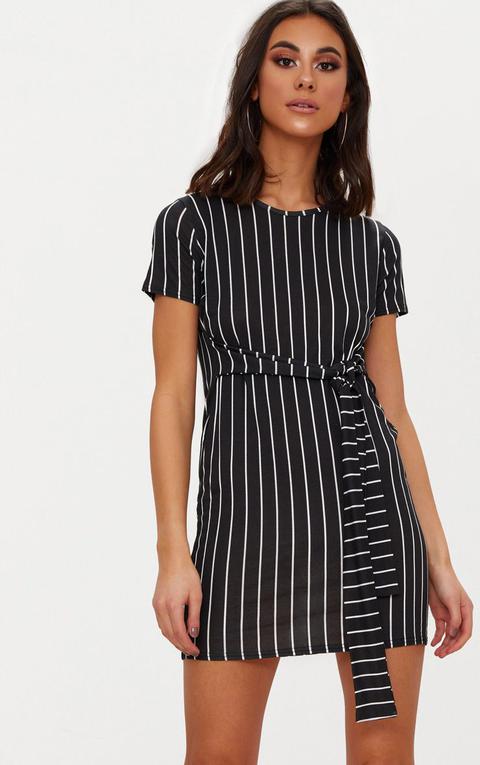 Black Stripe Tie Waist T Shirt Dress