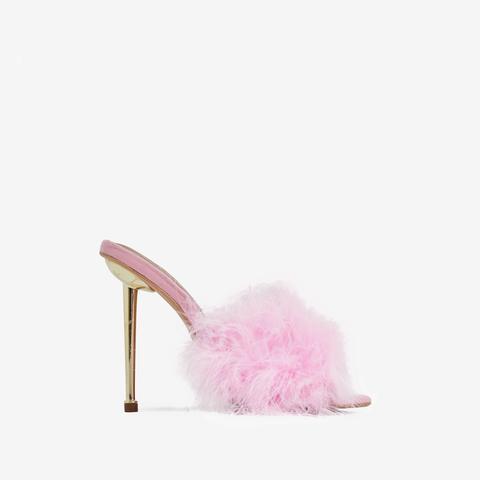 Risky Faux Feather Pointed Toe Heel Mule In Pink Faux Suede, Pink