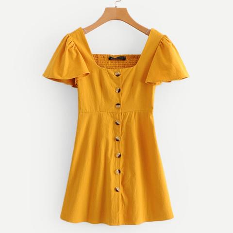Vestido Fruncido Con Botón De Manga Mariposa
