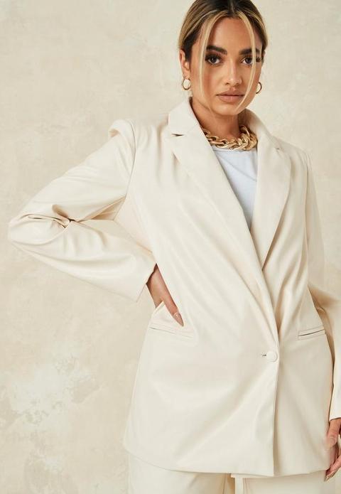 Ecru Co Ord Faux Leather Blazer, Ecru