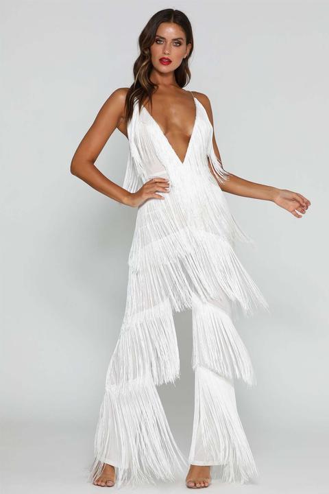 Malia Fringe Jumpsuit White from Meshki on 21 Buttons