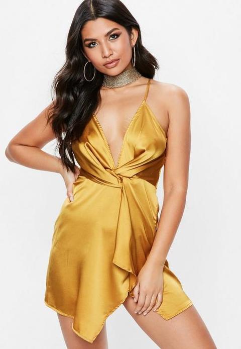 Yellow Satin Twist Mini Dress, Mustard