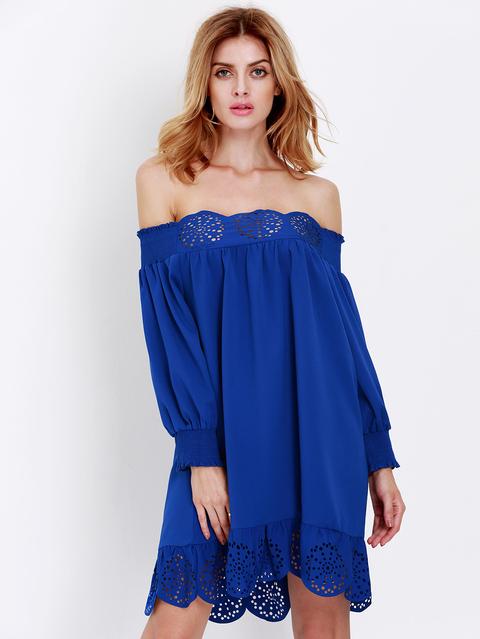 Blue Off The Shoulder Peplum Hem Dress