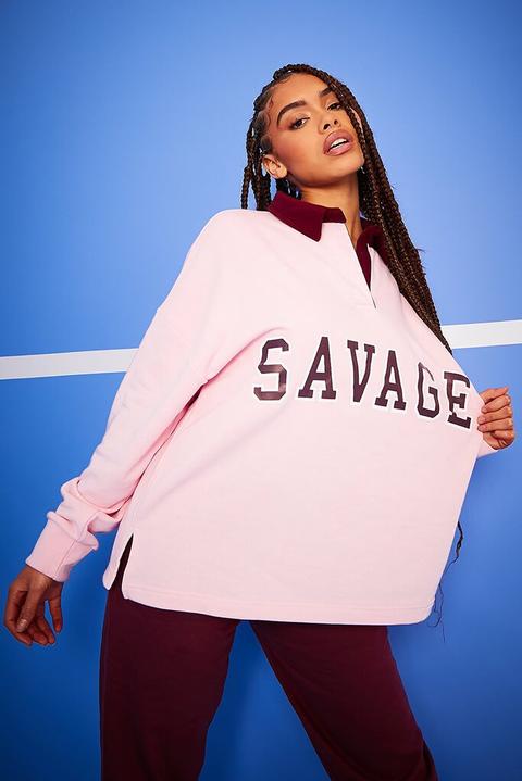 Baby Pink Savage Oversized Long Sleeve Rugby Top , Pink