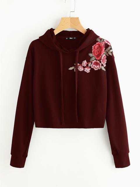 Embroidered Flower Patch Raw Hem Hoodie