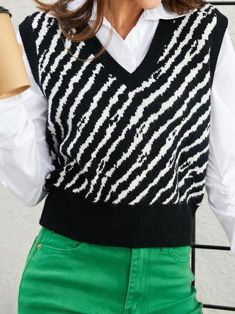 Zaful Chaleco Jersey Suelto Rayado Cuello V Black