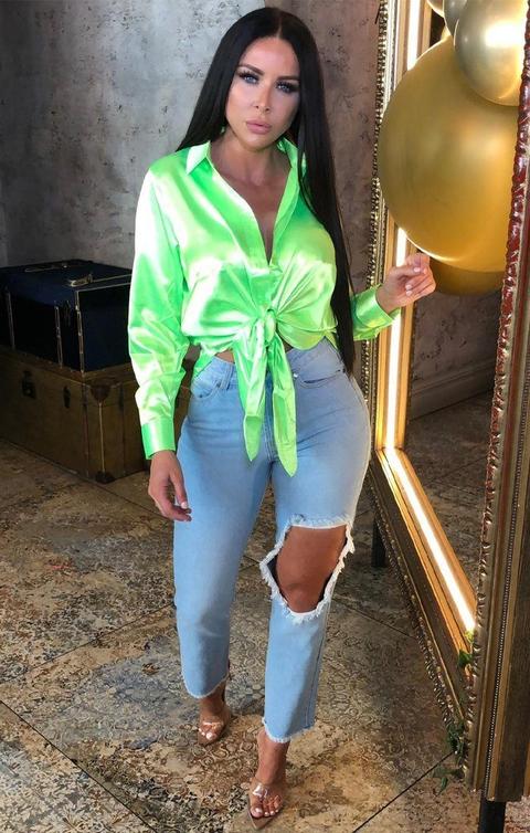 green satin button up