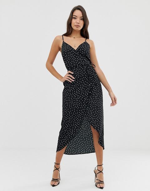 Asos Design - Vestito Lungo A Portafoglio Con Spalline Sottili E Motivo A Pois - Multicolore